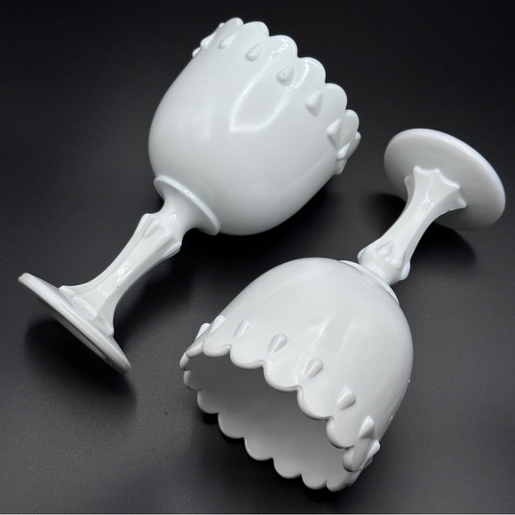 White Milk Glass Teardrop Goblet Scalloped Rim Set of Two - Picture 1 of 10
